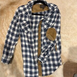 Blue & White Plaid Flannel Button-Up Shirt with details